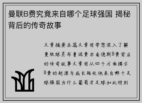 曼联B费究竟来自哪个足球强国 揭秘背后的传奇故事